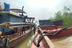 8 đối tượng bị tạm giữ trong chuyên án phá đường dây khai thác cát trái phép của Công an tỉnh Quảng Ninh