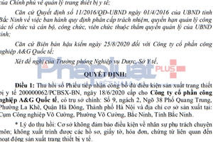 Công ty A&G Quốc tế bị thu hồi Phiếu tiếp nhận hồ sơ công bố