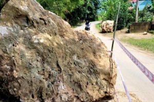 Hàng chục tấn đất đá rơi xuống tỉnh lộ 523D khiến nhiều nhà dân phải sơ tán