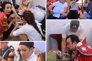 Thu Trang, Lê Khánh vội vàng ăn uống khi ghi hình chương trình Tết