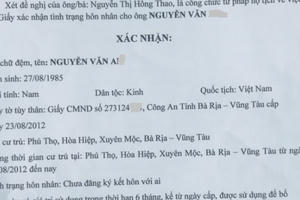 Bà Rịa – Vũng Tàu phát hiện đối tượng làm giả giấy xác nhận hôn nhân để lấy vợ mới Bà Rịa – Vũng Tàu phát hiện đối tượng làm giả giấy xác nhận hôn nhân để lấy vợ mới