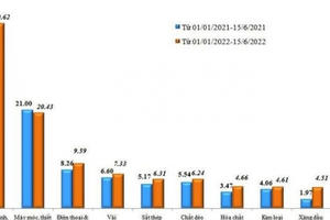 Tính hết 15/6/2022, tổng trị giá nhập khẩu của cả nước đạt 169,58 tỷ USD