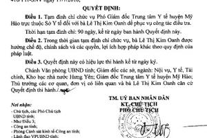 Phó Giám đốc Trung tâm Y tế huyện Mỹ Hào bị tạm đình chỉ chức vụ để điều tra