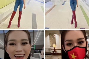 Hoa hậu Đỗ Thị Hà rực rỡ màu cờ sắc áo tại sân bay Puerto Rico