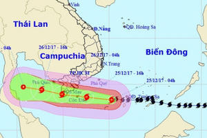 Khoảng tối và đêm 25/12, bão số 16 sẽ đi vào đất liền các tỉnh từ Bà Rịa-Vũng Tàu đến Cà Mau