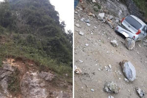 Động đất tại Cao Bằng, đá núi lở khiến một ô tô bị hư hỏng