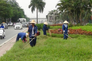 Hà Nội: Công nhân chật vật cắt cỏ dại trên phố
