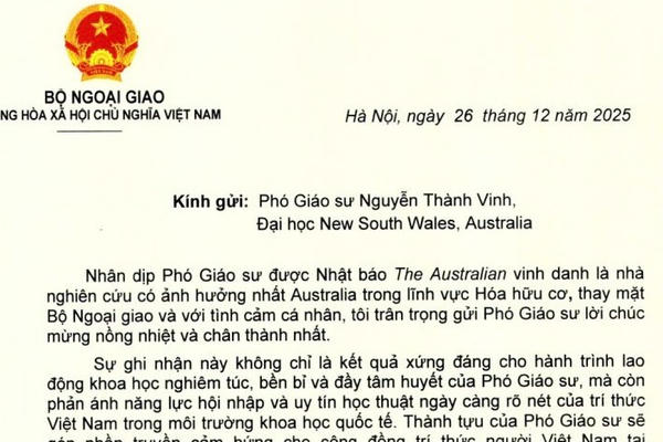 Bộ Ngoại giao chúc mừng Phó Giáo sư người VIệt được vinh danh là nhà nghiên cứu có ảnh hưởng nhất Australia