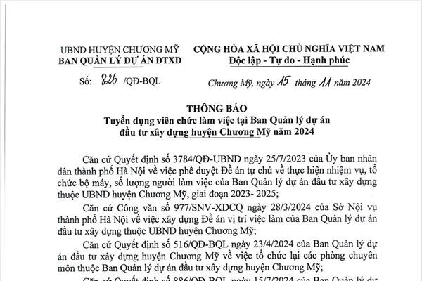 BQLDA Đầu tư xây dựng huyện Chương Mỹ tuyển dụng viên chức năm 2024
