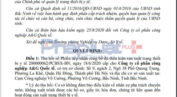 Công ty A&G Quốc tế bị thu hồi Phiếu tiếp nhận hồ sơ công bố