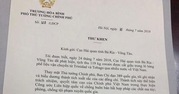 Vụ phát hiện 119 kg cocain: Phó Thủ tướng gửi thư khen Hải quan Bà Rịa Vũng Tàu