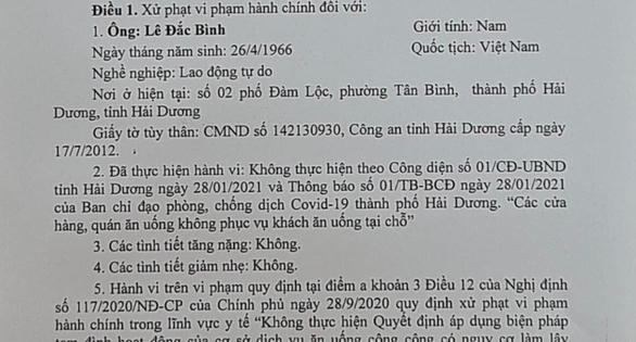 Hải Dương: Xử phạt 30 triệu đồng 2 chủ quán phục vụ khách ăn tại chỗ bất chấp lệnh cấm