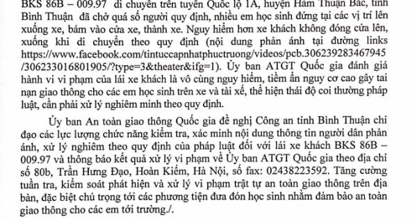 UBATGT Quốc gia đề nghị xử lí nghiêm vụ xe "nhồi nhét" học sinh ở Bình Thuận