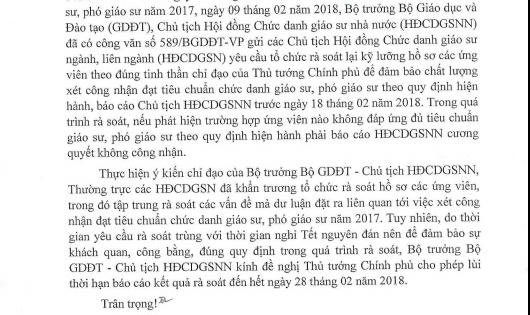 Bộ GD&ĐT xin lùi thời hạn báo cáo và rà soát chức danh giáo sư năm 2017