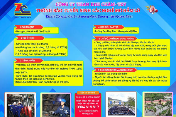 Công ty Than Khe Chàm – TKV tuyển sinh đào tạo nghề mỏ hầm lò, cam kết việc làm sau tốt nghiệp