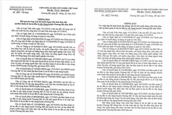 BQLDA Đầu tư xây dựng huyện Chương Mỹ thông báo kết quả vòng 1 và triệu tập thí sinh thi tuyển viên chức