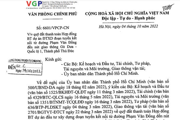 Quỹ đất thanh toán Hợp đồng BT dự án kết nối từ đường Phạm Văn Đồng đến nút giao thông Gò Dưa - Quốc lộ 1