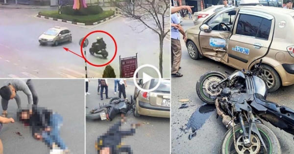 Kinh hoàng cảnh xe mô tô phân khối lớn tông ngang xe taxi làm 2 thanh niên bất tỉnh tại chỗ