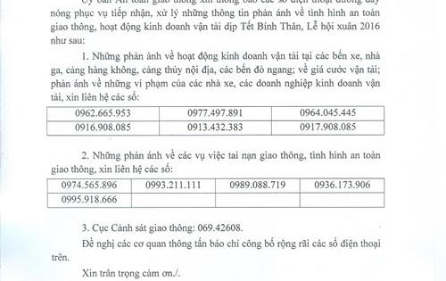 Công bố đường dây nóng tiếp nhận tình hình ATGT trong dịp Tết Bính Thân