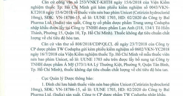 Thu hồi 1 loại thuốc chống dị ứng kém chất lượng