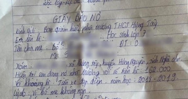 Học sinh lớp 7 viết “giấy báo nợ” vì gia đình chưa đóng 162.000 đồng tiền gửi xe