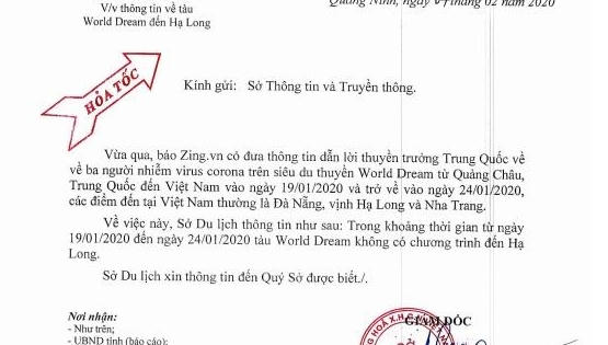 Quảng Ninh: Bác bỏ thông tin du thuyền có 3 khách du lịch nhiễm corona đến Hạ Long