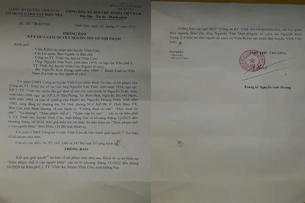 Công an huyện Vĩnh Cửu Thông báo kết quả giải quyết tin báo về tội phạm, khởi tố vụ án “Xâm phạm chỗ ở của người khác” xảy ra ở thị trấn Vĩnh An Công an huyện Vĩnh Cửu Thông báo kết quả giải quyết tin báo về tội phạm, khởi tố vụ án “Xâm phạm chỗ ở của người khác” xảy ra ở thị trấn Vĩnh An