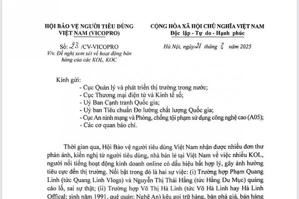 Hội Bảo vệ Người tiêu dùng Việt Nam gửi văn bản đề nghị xem xét các hoạt động bán hàng trực tuyến của các KOL, KOC Hội Bảo vệ Người tiêu dùng Việt Nam gửi văn bản đề nghị xem xét các hoạt động bán hàng trực tuyến của các KOL, KOC