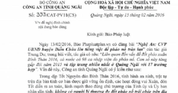 Công an tỉnh Quảng Ngãi lên tiếng về số người bị thương do pháo nổ Công an tỉnh Quảng Ngãi lên tiếng về số người bị thương do pháo nổ