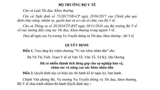 Bộ Y tế truy tặng Kỷ niệm chương Vì Sức khỏe nhân dân cho nữ cán bộ Vũ Thị Tình