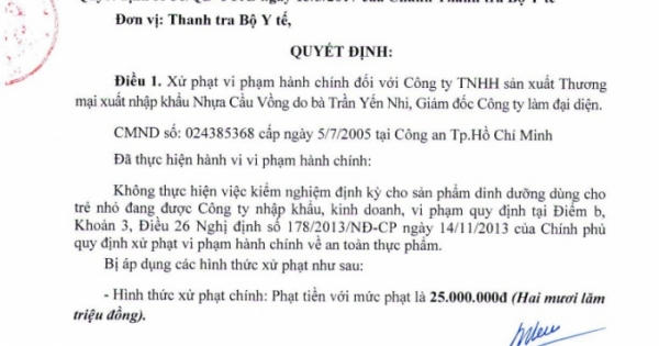 Công ty TNHH Nhựa Cầu Vồng bị phạt 25 triệu đồng vì vi phạm về an toàn thực phẩm