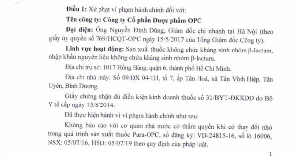 Xử phạt hành chính Công ty CP Dược phẩm OPC