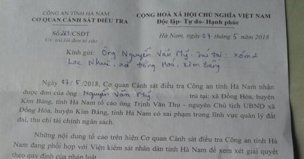 Vụ nguyên chủ tịch xã bị tố nhiều sai phạm ở Kim Bảng, Hà Nam: Công an và Viện kiểm sát vào cuộc