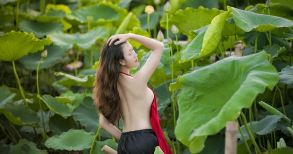 Gái trẻ buông lơi dây yếm, lả lướt khoe sắc cùng sen