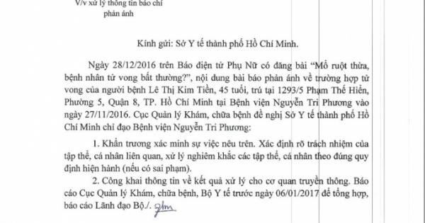 Bộ Y tế yêu cầu xác minh vụ “mổ ruột thừa, bệnh nhân tử vong bất thường?” Bộ Y tế yêu cầu xác minh vụ “mổ ruột thừa, bệnh nhân tử vong bất thường?”