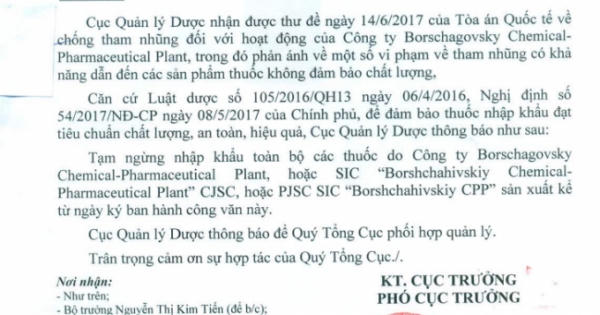 Yêu cầu tạm ngừng nhập khẩu toàn bộ thuốc do Công ty Borschagovsky Chemical-Pharmaceutical Plant sản xuất Yêu cầu tạm ngừng nhập khẩu toàn bộ thuốc do Công ty Borschagovsky Chemical-Pharmaceutical Plant sản xuất