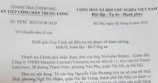 Thanh tra Chính phủ chuyển đơn của Giám đốc Công ty TNHH Maxport Limited (Vietnam) tới Cục C03, Bộ Công an