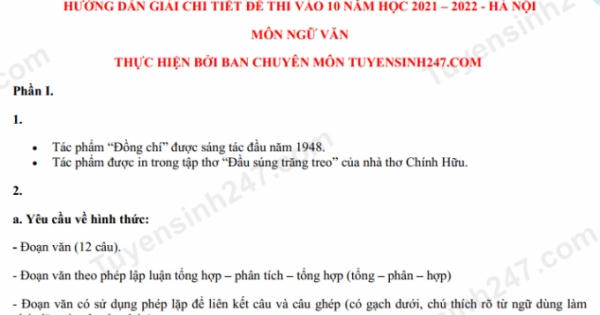 Gợi ý đáp án môn Ngữ Văn vào lớp 10 tại Hà Nội năm 2021