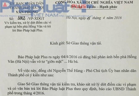 UBND TP Hà Nội yêu cầu Sở GTVT kiểm tra, xử lý nội dung Pháp luật Plus phản ánh