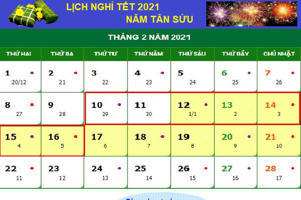 Chốt lịch nghỉ Tết Nguyên đán Tân Sửu 2021