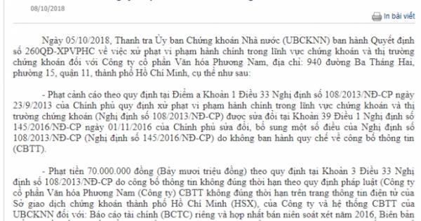 Công ty cổ phần Văn hóa Phương Nam bị xử phạt hành chính do mắc nhiều vi phạm