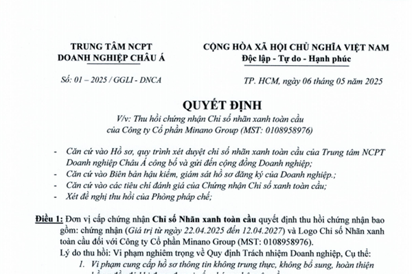 Trung tâm Nghiên cứu phát triển Doanh nghiệp châu Á thông báo liên quan đến Chỉ số Nhãn xanh