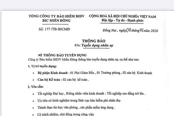 BIC Miền Đông tuyển dụng nhiều vị trí nhân sự BIC Miền Đông tuyển dụng nhiều vị trí nhân sự