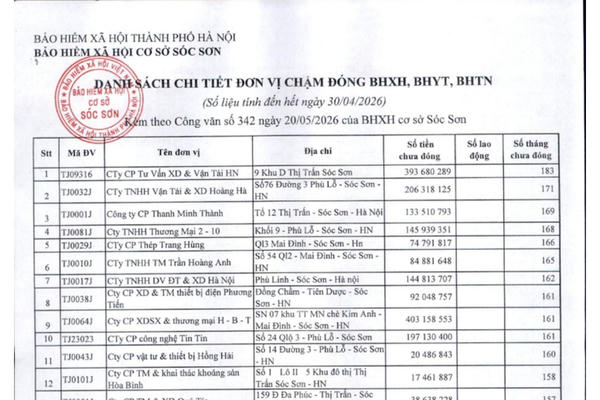 BHXH Sóc Sơn công khai danh sách 137 đơn vị chậm đóng bảo hiểm BHXH Sóc Sơn công khai danh sách 137 đơn vị chậm đóng bảo hiểm