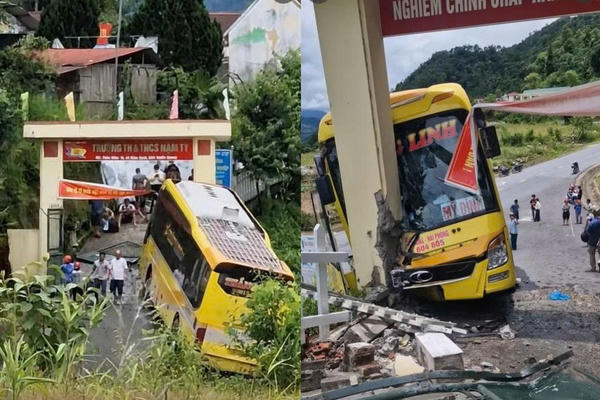 Mất phanh, xe khách giường nằm đâm vào cổng trường ở Tuyên Quang Mất phanh, xe khách giường nằm đâm vào cổng trường ở Tuyên Quang