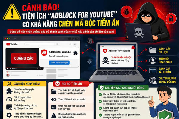 Cảnh báo tiện ích chặn quảng cáo YouTube có thể đánh cắp dữ liệu, người dùng cần gỡ ngay nếu đã cài