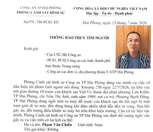 Công an Hải Phóng phát Thông báo truy tìm nghi phạm giết người
