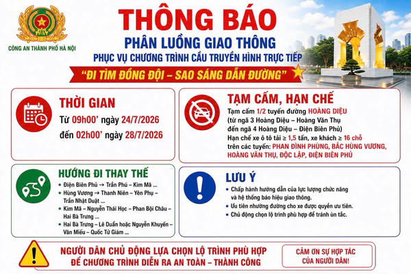 Công an Hà Nội thông báo phân luồng giao thông phục vụ cầu truyền hình "Đi tìm đồng đội - Sao sáng dẫn đường" Công an Hà Nội thông báo phân luồng giao thông phục vụ cầu truyền hình "Đi tìm đồng đội - Sao sáng dẫn đường"