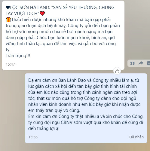 Hình ảnh nhân sự chia sẻ khi nhận được quà hỗ trợ