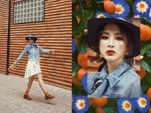 Tạm rời xa phong cách quyến rũ gần đây, Angela Phương Trinh làm người hâm mộ bất ngờ với thời trang xuống phố theo phong cách đồng quê. Chiếc váy hoa dịu dàng diện bên trong áo jean cổ nơ cách điệu. Giày bốt thấp màu nâu và mũ rộng vành là những phụ kiện giúp Angela chẳng khác gì một quý cô nhạc đồng quê đỏm dáng.